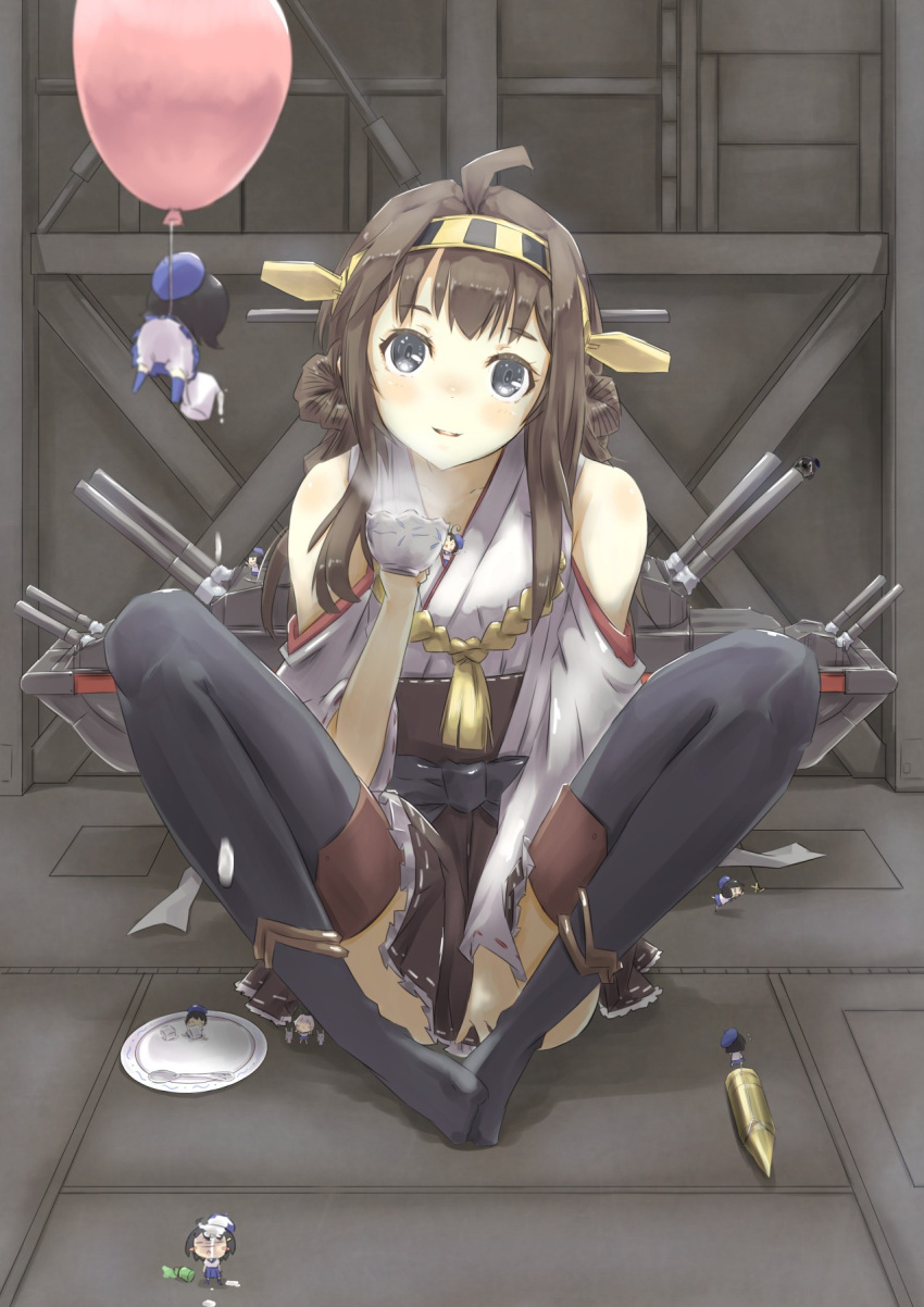 1girl ahoge asmind bare_shoulders blue_eyes blush brown_hair detached_sleeves hair_ornament hairband headgear highres japanese_clothes kantai_collection kongou_(kantai_collection) long_hair looking_at_viewer personification sitting skirt smile solo thigh-highs wide_sleeves