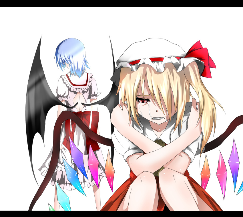 2girls back_cutout bat_wings blonde_hair blue_hair bow clenched_teeth crossed_arms crying elbows_on_knees fangs flandre_scarlet from_behind hair_over_one_eye hands_on_shoulders hat hat_ribbon highres knees_together letterboxed looking_down mob_cap multiple_girls no_hat red_eyes remilia_scarlet ribbon short_hair short_sleeves siblings side_ponytail simple_background sisters sitting skirt skirt_set slit_pupils standing streaming_tears tachitsuki tears touhou white_background wings