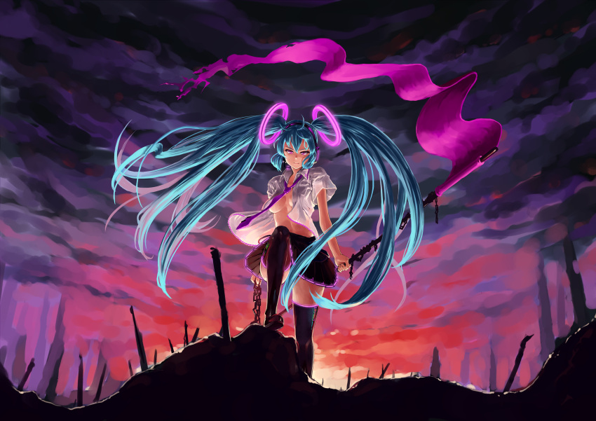 1girl aqua_hair boots breasts censor_hair flag floating_hair hatsune_miku headset highres long_hair necktie omaru_gyuunyuu open_clothes open_shirt pink_eyes skirt solo sunset thigh_boots thighhighs twintails underboob very_long_hair vocaloid