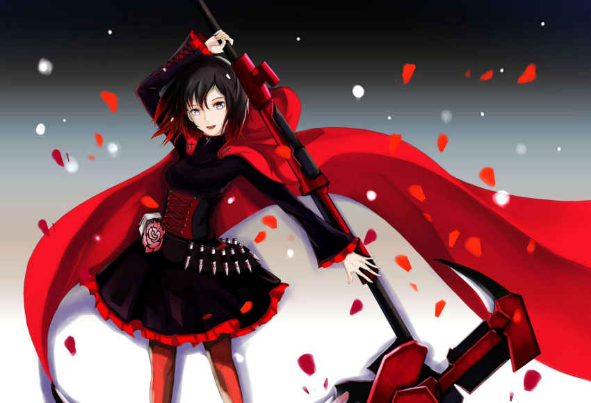 black_hair cape cross egoist_no_pierrot flower highres redhead rose ruby_rose rwby scythe short_hair weapon