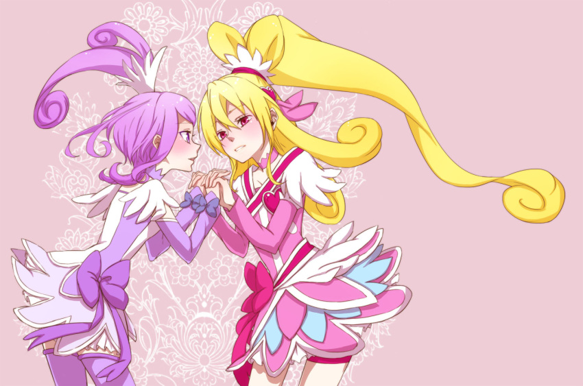 2girls aida_mana ashlynx bike_shorts blonde_hair blush boots couple cure_heart cure_sword dokidoki!_precure eye_contact floral_background half_updo holding_hands interlocked_fingers kenzaki_makoto lips looking_at_another multiple_girls pink_eyes ponytail precure purple_hair thigh-highs thigh_boots violet_eyes yuri