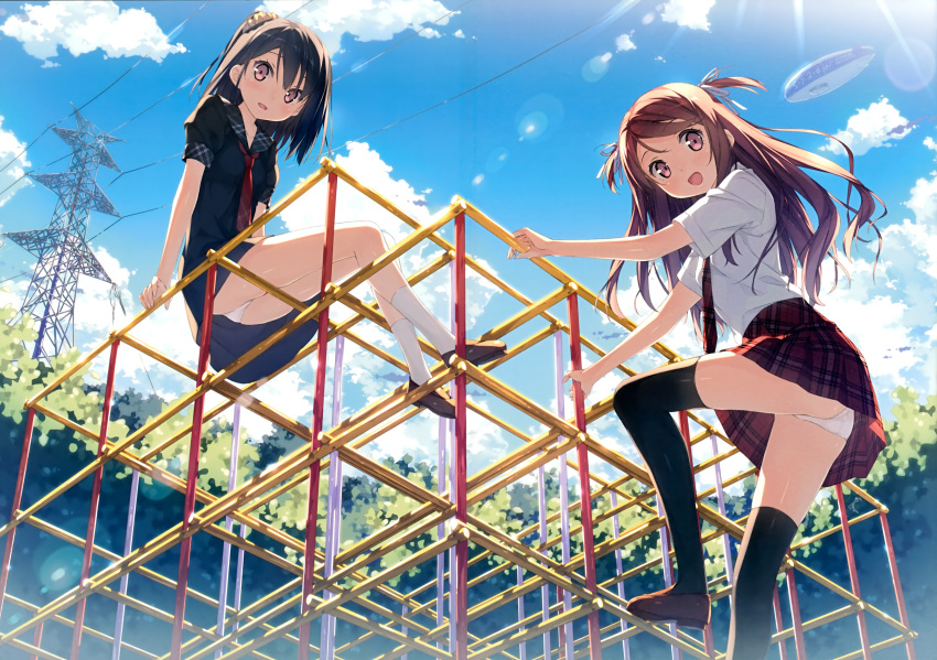 2girls absurdres ass black_hair black_legwear blush brown_hair climbing clouds from_below hair_ribbon highres jungle_gym kantoku kurumi_(kantoku) long_hair looking_at_viewer looking_back multiple_girls open_mouth original outdoors panties pantyshot plaid plaid_skirt playground pleated_skirt ribbon school_uniform shizuku_(kantoku) short_hair side_ponytail sitting skirt sky smile thighhighs twintails underwear upskirt violet_eyes white_panties