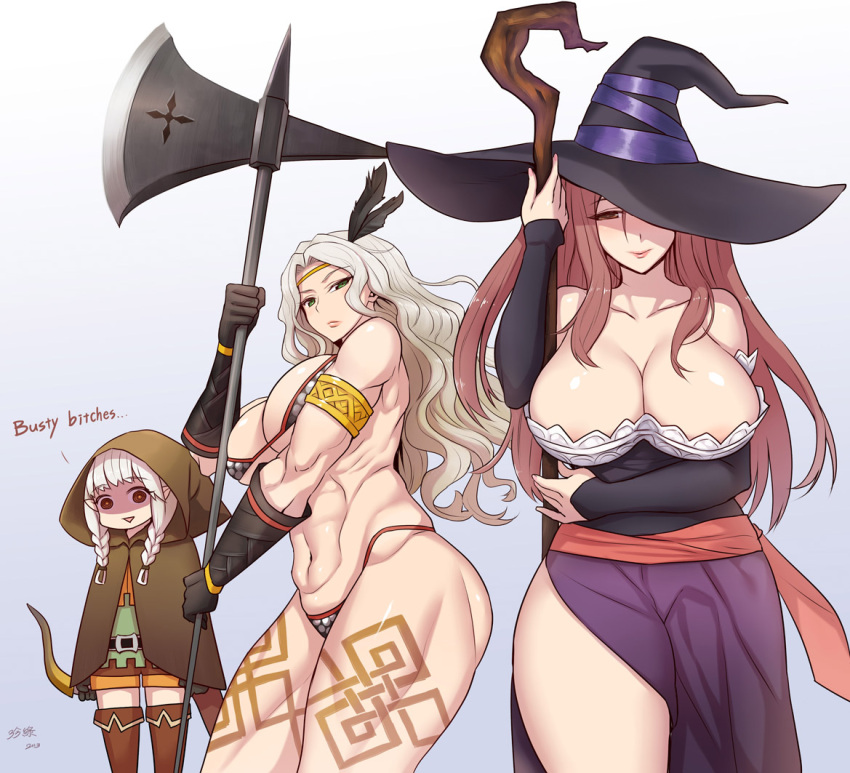 amazon_(dragon's_crown) armor axe bikini_armor blonde_hair boots bow_(weapon) breast_envy breasts brown_eyes cleavage dragon's_crown dress elf_(dragon's_crown) english green_eyes green_tear hat hat_over_one_eye hood huge_breasts large_breasts lips long_hair muscle orange_hair profanity silver_hair smile sorceress_(dragon's_crown) staff strapless_dress tattoo thick_thighs thigh_boots thighhighs thighs weapon witch_hat