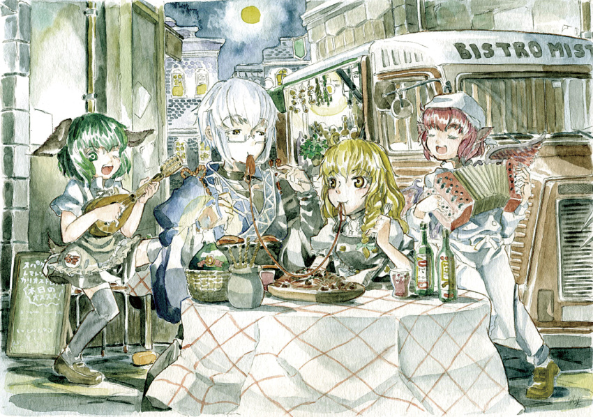 1boy 3girls accordion alternate_costume animal_ears bird_wings black_legwear blonde_hair bottle bow braid bridal_gauntlets brown_eyes building bus candle choker closed_eyes eating eye_contact food_in_mouth fork full_moon glass glasses graphite_(medium) green_eyes green_hair hair_bow instrument japanese_clothes kasodani_kyouko kirisame_marisa lady_and_the_tramp looking_at_another lute_(instrument) master_(4th) moon morichika_rinnosuke motor_vehicle multiple_girls mystia_lorelei no_hat open_mouth outdoors pink_hair plate restaurant semi-rimless_glasses shoes short_hair silver_hair singing single_braid sitting spaghetti tablecloth thigh-highs touhou traditional_media under-rim_glasses vehicle watercolor_(medium) wink yellow_eyes