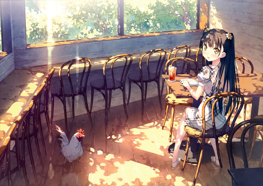 1girl absurdres bird black_hair blush book chair chicken desk dress flower glass hair_flower hair_ornament highres kantoku long_hair looking_at_viewer looking_back open_mouth original rooster sitting smile solo twintails yellow_eyes