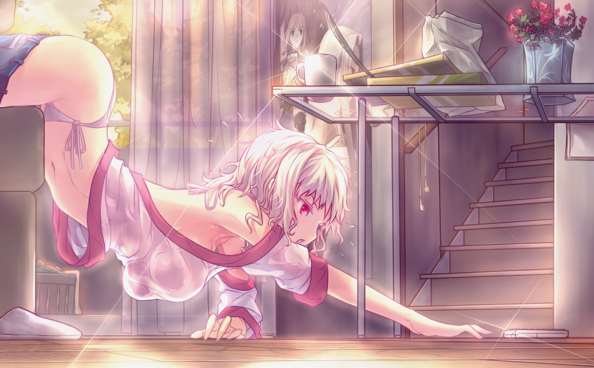 1girl arched_back ass bare_shoulders breasts cellphone fate/kaleid_liner_prisma_illya fate_(series) flower flying_sweatdrops hanging_breasts highres hourai_no_hangentsuki jeans large_breasts leysritt messy_hair open_mouth panties pants_down phone poster_(object) reaching red_eyes side-tie_panties slippers solo sparkle sweatdrop top-down_bottom-up underwear white_hair white_panties
