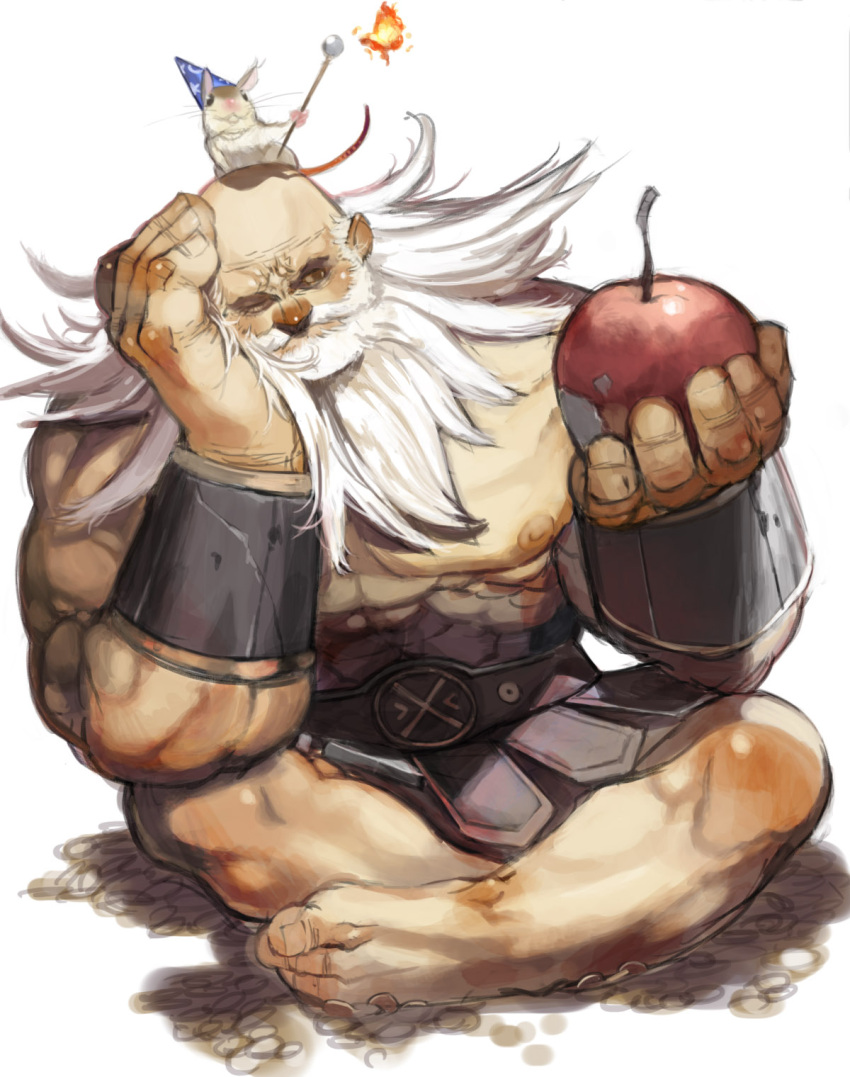 1boy apple arm_support barefoot beard dragon's_crown dwarf_(dragon's_crown) facial_hair food fruit highres mibu_natsuki muscle simple_background white_background
