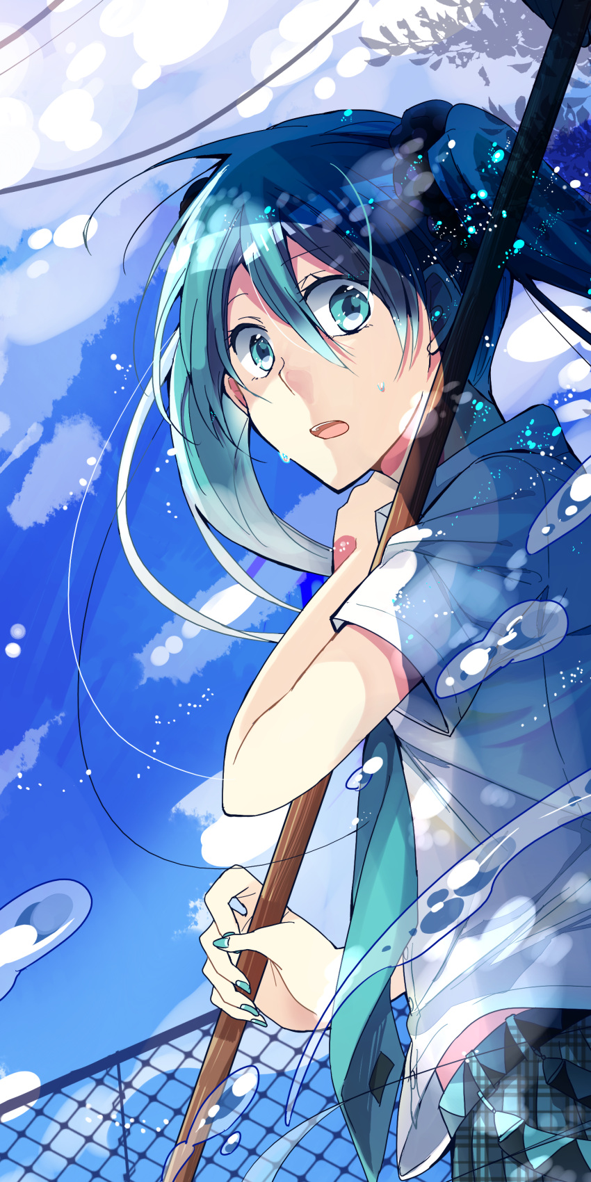 1girl absurdres akinai_ari chain-link_fence clouds green_eyes green_hair hatsune_miku highres nail_polish open_mouth sky solo twintails vocaloid