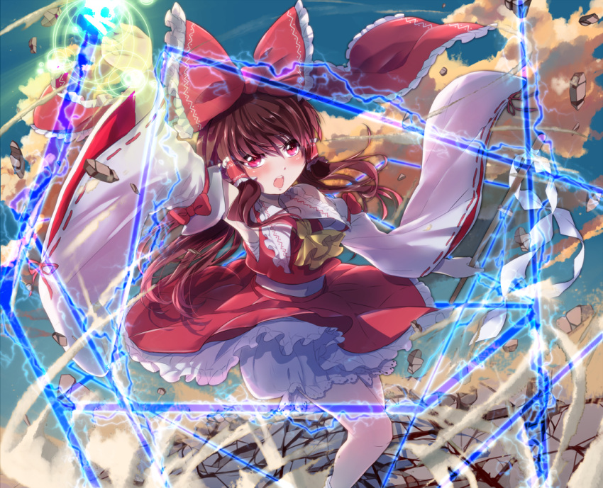 1girl armpits ascot bloomers bow breasts brown_hair clouds damaged danmaku detached_sleeves gohei hair_bow hair_tubes hakurei_reimu long_hair midriff open_mouth poko_(mammypoko) red_eyes ribbon rock skirt sky solo spell_card touhou underwear