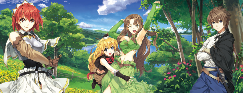 1boy 3girls :d ;d aria_(seiken_no_blacksmith) armpits arms_up blonde_hair blue_eyes blush_stickers breastplate brown_eyes brown_hair cecily_cambell clouds crossed_arms detached_sleeves field fingerless_gloves flower flower_field forest gloves highres lake lisa_(seiken_no_blacksmith) long_hair low-tied_long_hair luke_ainsworth luna_(reclaimed_land) meadow midriff mini_hat multiple_girls nature navel open_mouth pointy_ears red_eyes redhead seiken_no_blacksmith short_hair shorts sky smile sword tree very_long_hair weapon wink