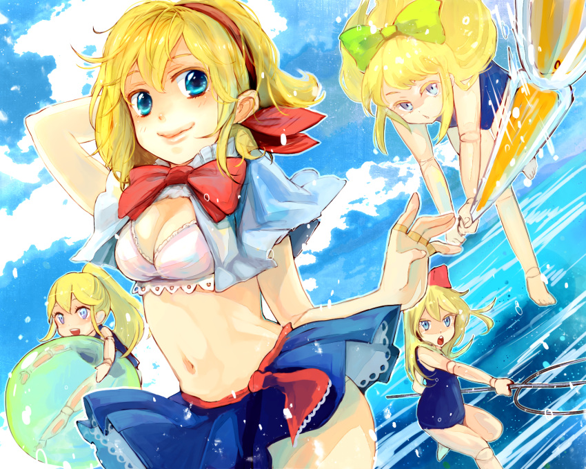 1girl alice_margatroid arm_behind_head ball bikini bikini_top blonde_hair blue_eyes blue_sky bow capelet clouds doll_joints hair_bow hair_ribbon highres jewelry long_hair looking_at_viewer meiji_(charisma_serve) midriff miniskirt navel no_shirt ocean open_mouth polearm ponytail ribbon ring school_swimsuit shanghai_doll skirt sky smile swimsuit touhou traditional_media trident watercolor_(medium) weapon white_bikini white_swimsuit