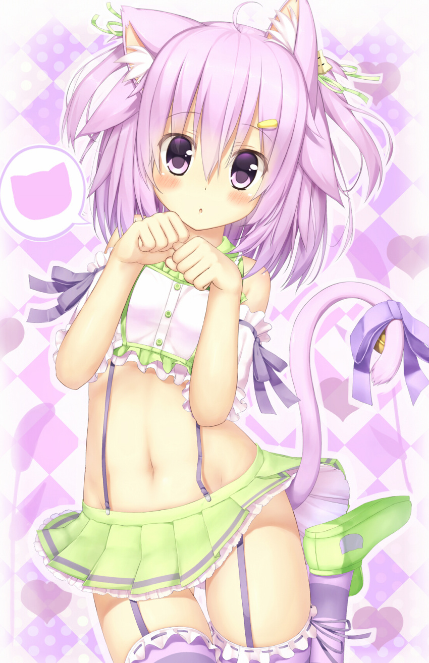 1girl animal_ears argyle argyle_background bell blush cat_ears cat_tail garter_straps garters hair_ornament hairclip heart highres lavender_eyes lavender_hair looking_at_viewer looking_back midriff miniskirt navel original paw_pose petticoat pink_hair purple_hair skindentation skirt solo speech_bubble standing_on_one_leg striped striped_legwear suspenders tail tail_bell thigh_gap thighhighs violet_eyes wataru_(zazazazazazawa)