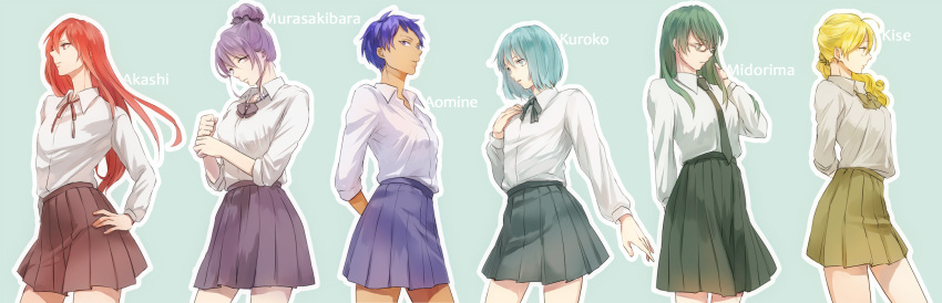 6+girls akashi_seijuurou aomine_daiki blonde_hair blue_eyes blue_hair dark_skin genderswap glasses green_eyes green_hair highres kise_ryouta kuroko_no_basuke kuroko_tetsuya long_hair midorima_shintarou multiple_girls murasakibara_atsushi necktie purple_hair red_eyes redhead sawa2 school_uniform short_hair skirt violet_eyes yellow_eyes