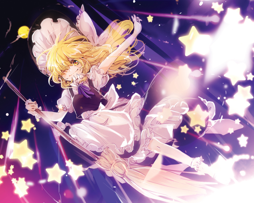 1girl apron blonde_hair bow braid broom hat hat_bow kirisame_marisa long_hair outstretched_arm petticoat poprication puffy_sleeves shirt short_sleeves single_braid skirt skirt_set smile solo star touhou vest waist_apron wink witch witch_hat wrist_cuffs yellow_eyes