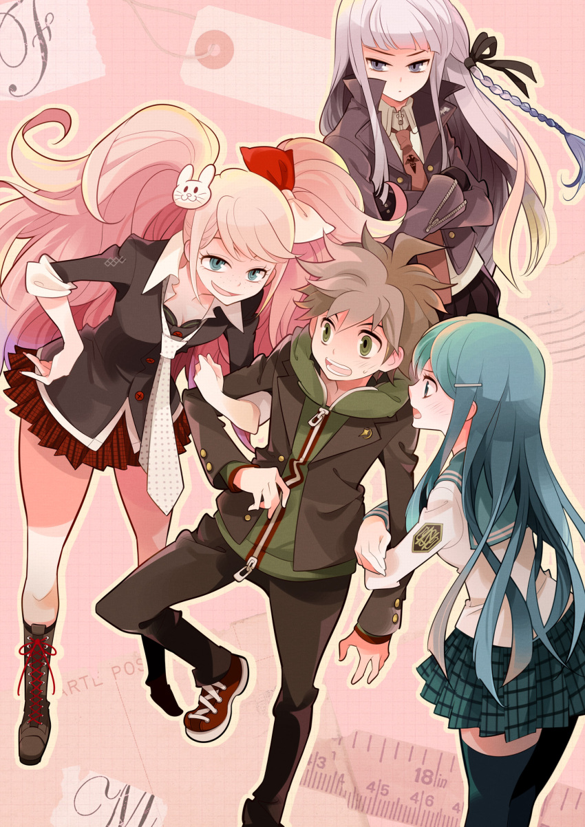 1boy 3girls aqua_eyes aqua_hair aqua_legwear arm_hug black_ribbon braid brown_hair buttons dangan_ronpa enoshima_junko green_eyes hair_ornament hair_ribbon hairclip harem highres hoodie jacket kirigiri_kyouko lavender_eyes lavender_hair long_hair maizono_sayaka multicolored_ribbon multiple_girls naegi_makoto necktie nogaki_suzume pink_hair plaid plaid_skirt pleated_skirt ribbon ruler school_uniform shoes single_braid skirt sneakers tag twintails zipper