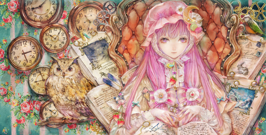 1girl bird book bookmark bow branch chair clock crescent feathers flower food fruit gears hair_bow hat long_hair macaron owl patchouli_knowledge purple_hair solo strawberry throne touhou violet_eyes yogisya