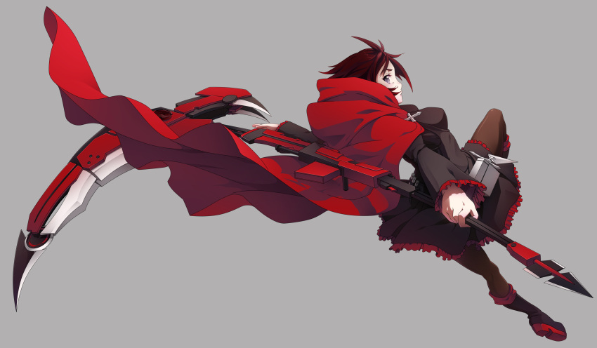 1girl absurdres boots cape cross from_behind grey_eyes highres jaypao pantyhose redhead ruby_rose rwby scythe short_hair skirt solo weapon