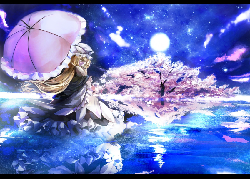 1girl amber_eyes blonde_hair cherry_blossoms clouds dress full_moon hat hat_ribbon letterboxed long_hair long_sleeves looking_at_viewer looking_back moon multicolored_dress night purple_dress reflection ribbon sitting sky solo star_(sky) touhou tree turning ubw-emiya very_long_hair water white_dress wide_sleeves yakumo_yukari