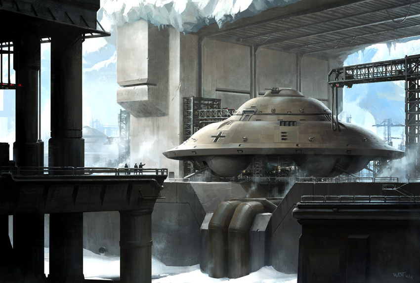 2others alternate_universe antarctica balkenkreuz blue_sky cross darren_tan day flying_saucer ice industrial_pipe military_base multiple_others original people pillar scaffolding scenery sky spacecraft spacecraft_turret steel_beam truss ufo