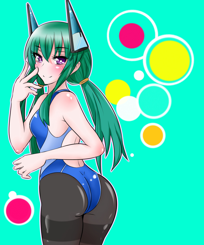 1girl absurdres ass competition_swimsuit green_hair highres kokota long_hair menou_kaname one-piece_swimsuit original pantyhose_under_swimsuit robot_ears solo swimsuit twintails violet_eyes