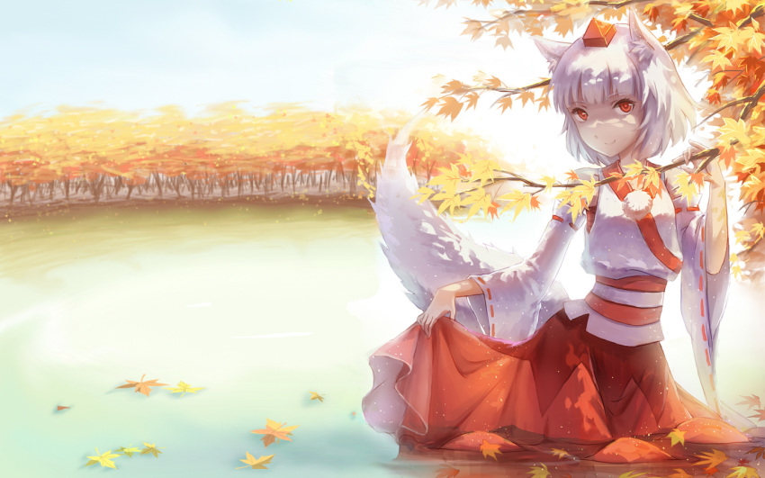 1girl a_luo animal_ears autumn_leaves detached_sleeves forest hat inubashiri_momiji lake long_sleeves looking_at_viewer nature photoshop red_eyes shirt silver_hair skirt skirt_lift smile solo tail tokin_hat touhou tree wallpaper water wide_sleeves wolf_ears wolf_tail