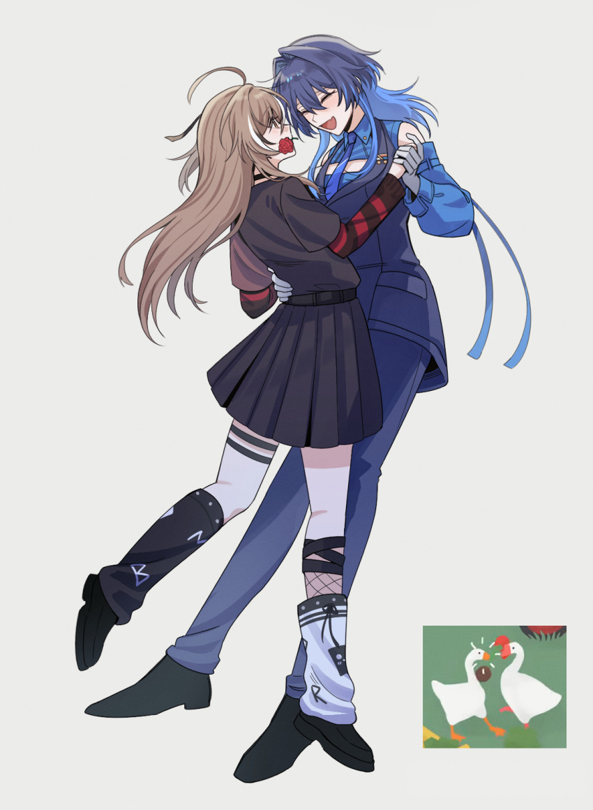 2girls :o ahoge ballroom_dancing belt bird black_choker black_leg_warmers black_shirt black_sweater blue_hair blue_necktie blue_shirt blue_suit brown_hair choker cleavage_cutout closed_eyes clothing_cutout dancing detached_sleeves dress_shirt dress_shoes emo_fashion fang flustered friend_(nanashi_mumei) game_screenshot_inset goose grey_background hair_intakes highres holding_hands hololive hololive_english hotcat_(box_1227) leg_warmers long_hair multicolored_hair multiple_girls nanashi_mumei nanashi_mumei_(emo) necktie open_mouth ouro_kronii platform_shoes red_sweater shirt shirt_tucked_in skin_fang streaked_hair striped_clothes striped_sweater suit sweater sweater_under_shirt t-shirt two-tone_sweater untitled_goose_game very_long_hair virtual_youtuber white_leg_warmers wolf_cut yuri