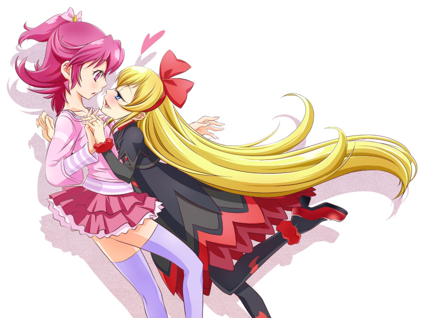 2girls :d aida_mana bat_print black_legwear blonde_hair blue-fin blue_eyes blush couple dokidoki!_precure eye_contact face-to-face glomp hairband heart holding_hands hug interlocked_fingers leaning_forward leaning_on_person long_hair looking_at_another multiple_girls open_mouth pantyhose pink_eyes pink_hair precure profile red_ribbon regina_(dokidoki!_precure) ribbon shadow short_hair simple_background smile surprised thighhighs very_long_hair white_background yuri zettai_ryouiki