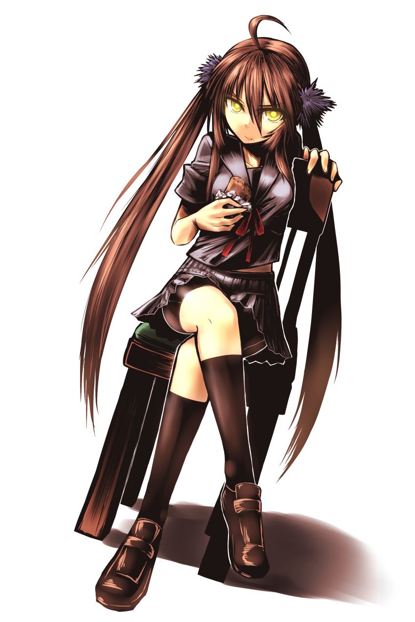 1girl absurdres ahoge ayakashi_banashi bike_shorts black_legwear black_serafuku brown_hair chair chankodining_waka chocolate_bar crossed_legs dutch_angle eating food food_on_face hagawa_iroha highres kneehighs loafers long_hair looking_at_viewer midriff original school_uniform serafuku shoes shorts_under_skirt simple_background sitting skirt solo twintails very_long_hair white_background yellow_eyes