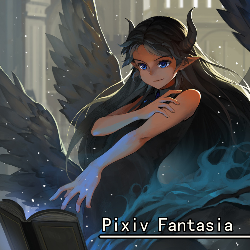 1girl black_hair black_wings blue_eyes book copyright_name floating_book highres holding_arm horns long_hair lu_ying magic multiple_wings obsidia pixiv_fantasia pixiv_fantasia_new_world pointy_ears sleeveless sleeveless_shirt snowing solo wings