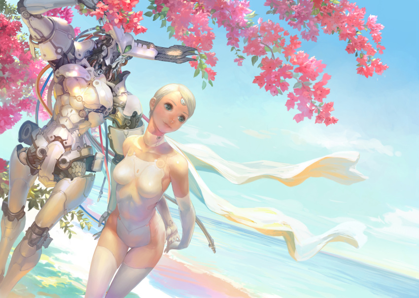 1girl arms_behind_back bare_shoulders blonde_hair blue_eyes bodysuit cherry_blossoms dutch_angle highres light_smile ocean original robot short_hair sky solo takayama_toshiaki water