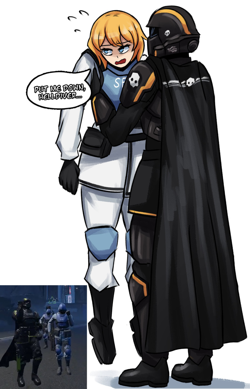 1girl absurdres ambiguous_gender armor belt black_gloves blonde_hair blue_eyes boots bulletproof_vest cape clenched_hand embarrassed english_text gloves height_difference helldiver_(helldivers) helldivers_(series) helmet highres knee_pads lad_der lifting_person military_uniform pauldrons pouch screenshot_inset seaf_soldier_(helldivers) shoulder_armor simple_background skull super_earth_salute_(helldivers) white_background