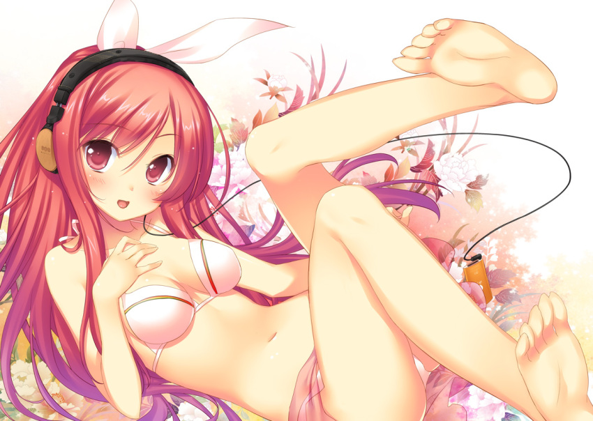 1girl 47agdragon barefoot bikini breasts cleavage digital_media_player floral_background hand_on_own_chest headphones ipod legs_up long_hair looking_at_viewer lying navel original red_eyes redhead sarong smile solo swimsuit white_bikini white_swimsuit