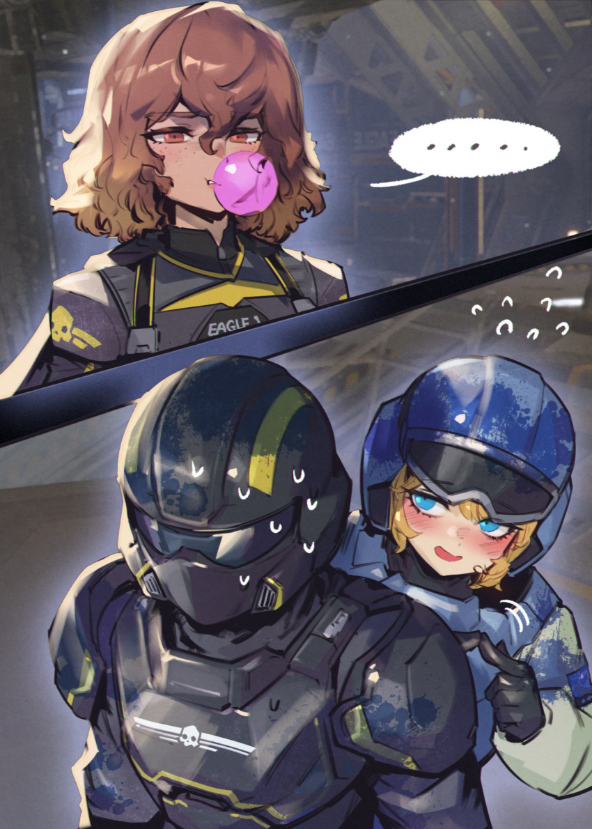 2girls absurdres armor assault_visor black_armor black_gloves black_visor blonde_hair blowing_bubbles blue_eyes breastplate brown_eyes chewing_gum eagle_1_(helldivers) full_armor gloves grey_visor helldiver_(helldivers) helldivers_(series) helmet highres medium_hair multiple_girls open_mouth pauldrons phantom_ix_row seaf_soldier_(helldivers) shoulder_armor sweat sweatdrop