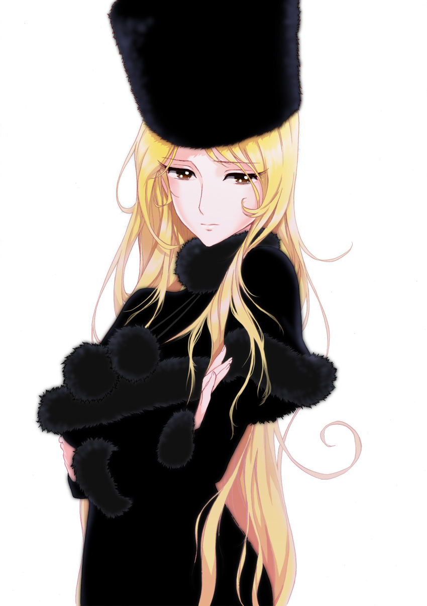 1girl blonde_hair brown_eyes crossed_arms fetishist fur_hat ginga_tetsudou_999 hat highres long_hair maetel simple_background solo very_long_hair white_background