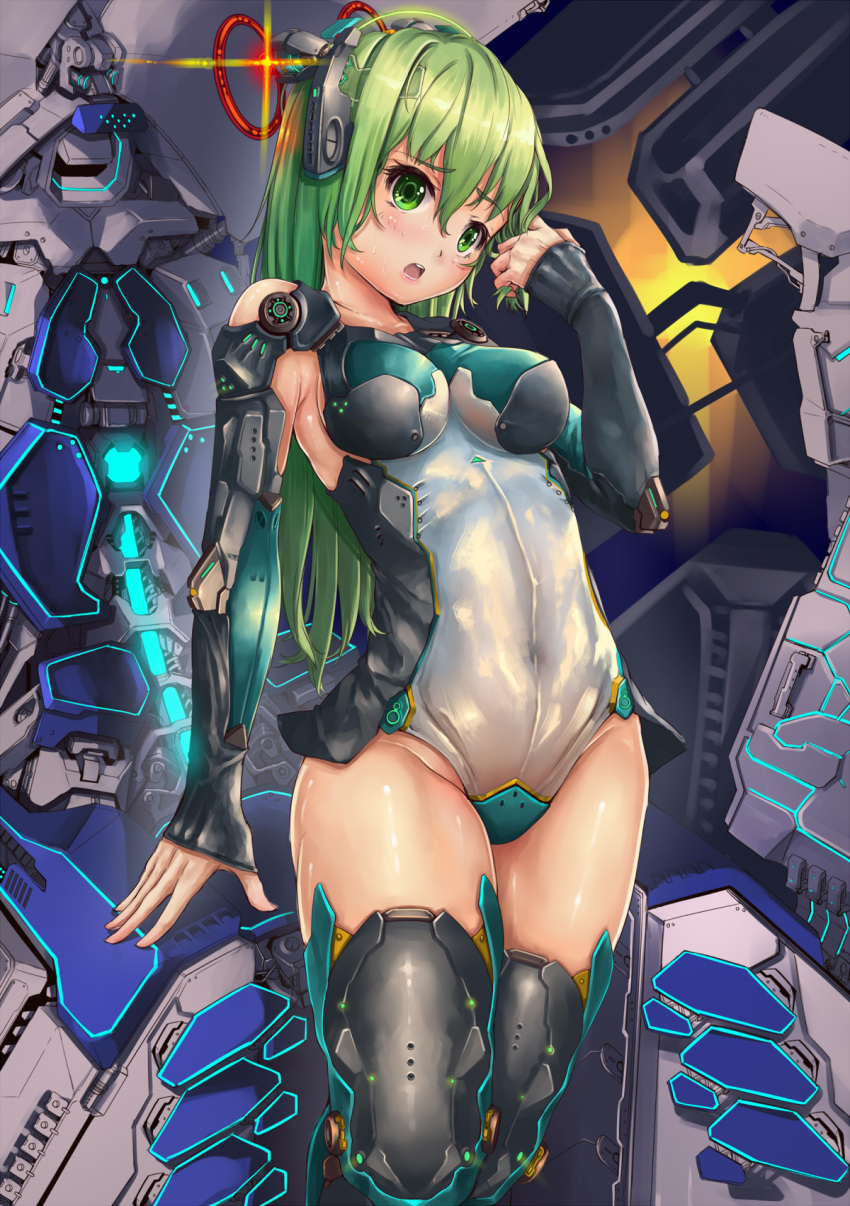 1girl bodysuit breasts fangxiang_cuoluan green_eyes green_hair highres mecha original power_suit tagme thighhighs