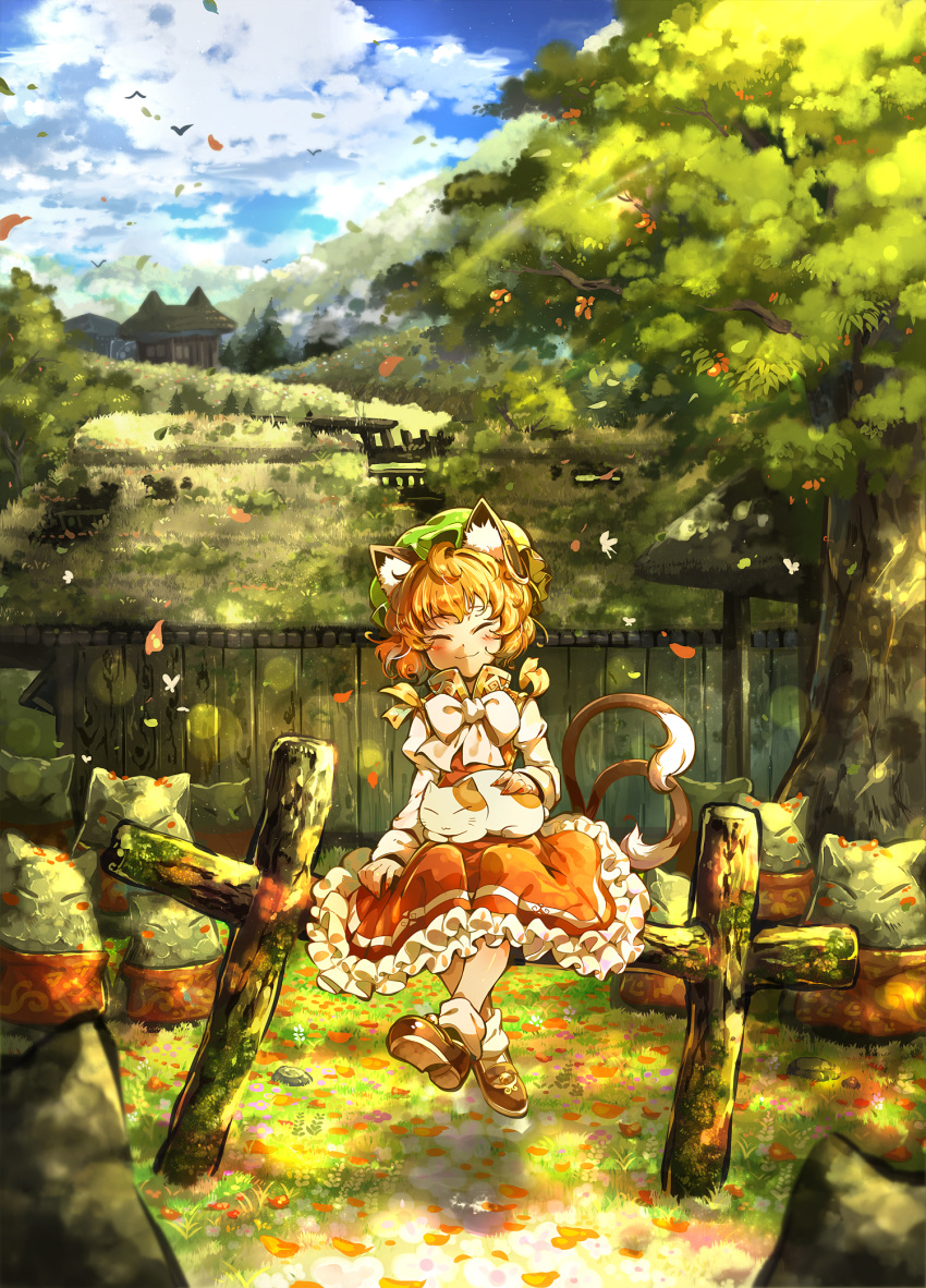 1girl animal_ears blush brown_hair cat cat_ears cat_tail chen earrings fence hat highres im_(badmasa) jewelry multiple_tails short_hair sitting skirt smile solo tail touhou