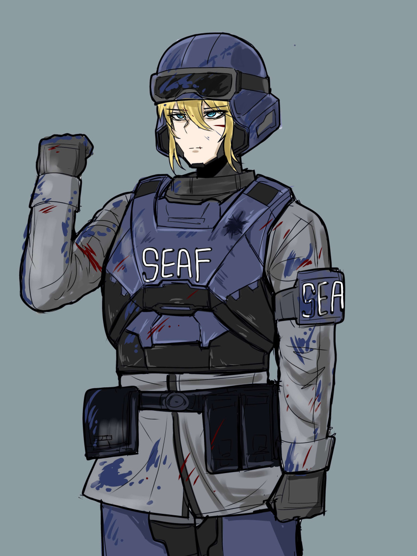 absurdres armor before_and_after blonde_hair blood blood_on_clothes blood_on_face blue_armor blue_eyes chickenartist highres salute seaf_soldier_(helldivers) super_earth_salute_(helldivers)