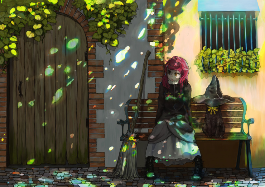 1girl bench black_cat boots braid broom brown_eyes cat cobblestone door dress fur_trim hat hat_removed headwear_removed ivy jacket long_hair looking_away original parted_lips redhead shade sitting solo tree_shade twin_braids uwtk witch witch_hat