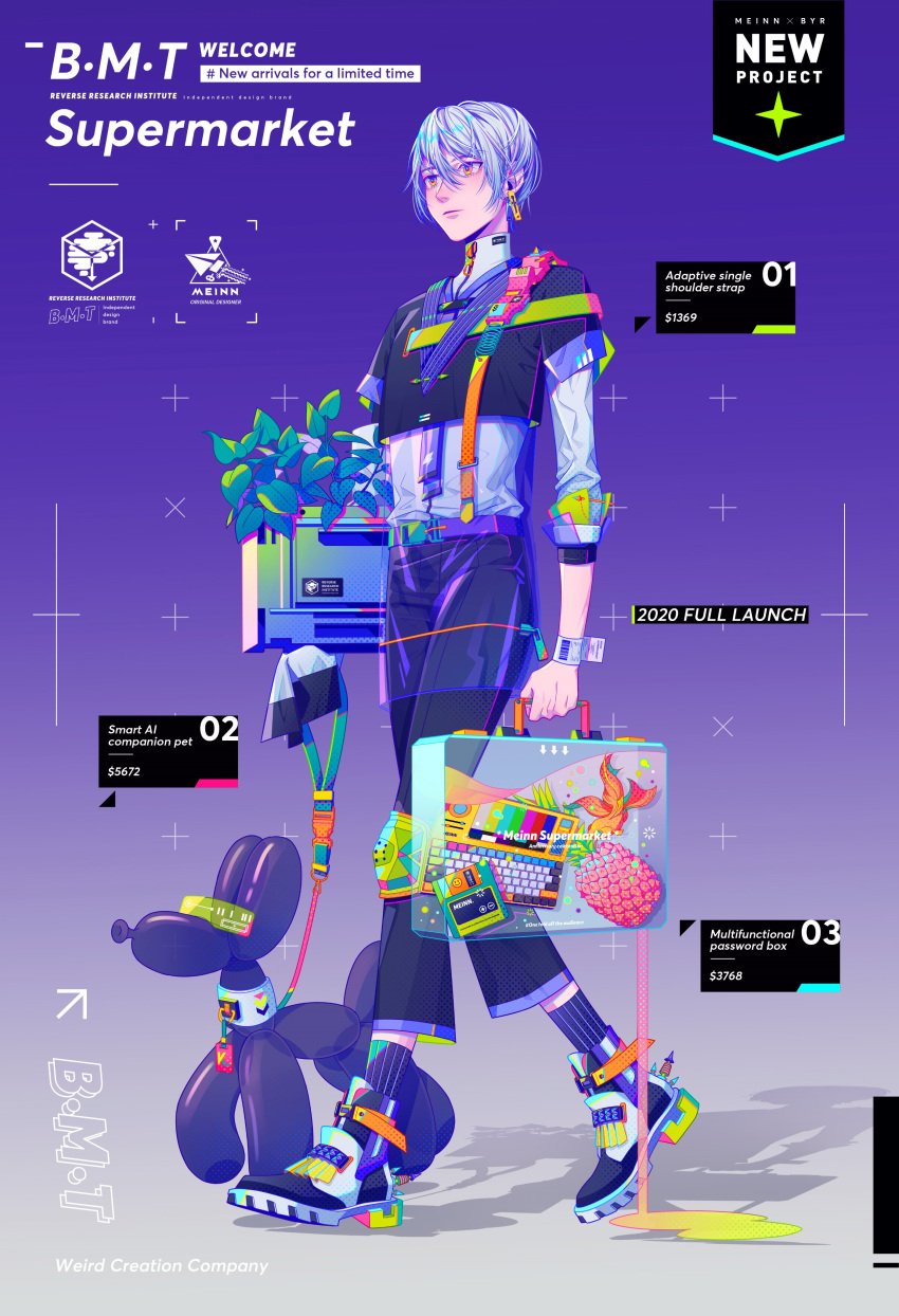 1boy absurdres ankle_socks arrow_(symbol) balloon_animal black_pants black_shirt black_shoes black_socks bracelet briefcase bubble closed_mouth colorful commentary computer_keyboard cropped_shirt dog earrings english_commentary english_text expressionless fish food fruit full_body goldfish gradient_background hair_between_eyes highres holding holding_briefcase holding_leash jewelry layered_shirt layered_sleeves leash lips long_sleeves male_focus miniskirt mrmeinn multicolored_shoes orange_eyes original pants pants_under_skirt pineapple plant potted_plant purple_background purple_skirt purple_theme receipt see-through_clothes see-through_skirt shadow shirt shoes short_hair short_over_long_sleeves short_sleeves skirt sneakers socks solo striped_clothes striped_socks turtleneck turtleneck_shirt two-tone_shoes v-neck vertical-striped_clothes vertical-striped_socks walking white_hair white_shirt white_shoes