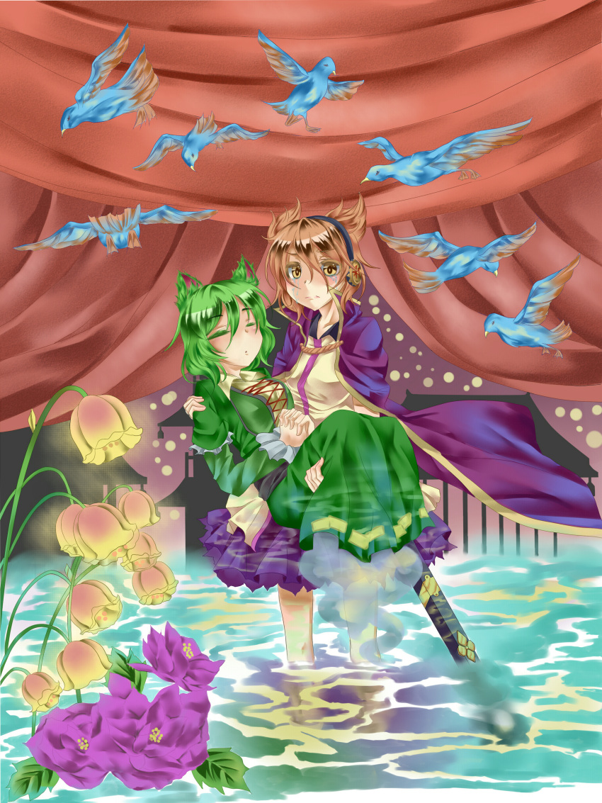 2girls :o absurdres animal_ears bird blouse breasts cape carrying cat_ears closed_eyes crying curtains dress east_asian_architecture flower frown ghost_tail green_dress green_hair hands_together headphones highres interlocked_fingers inui_(artist) juliet_sleeves kemonomimi_mode leaf light_brown_hair light_particles lily_of_the_valley lips long_sleeves looking_at_viewer multiple_girls pagoda princess_carry puffy_sleeves scabbard sheath short_hair skirt soga_no_tojiko streaming_tears tears touhou toyosatomimi_no_miko wading water yellow_eyes