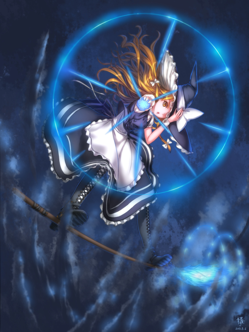 1girl aiming_at_viewer apron blonde_hair boots bow broom broom_surfing cross-laced_footwear flying glowing hat hat_bow highres kirisame_marisa long_hair mini-hakkero open_mouth qingmingtongzi shirt short_sleeves skirt skirt_set solo touhou vest waist_apron witch_hat yellow_eyes