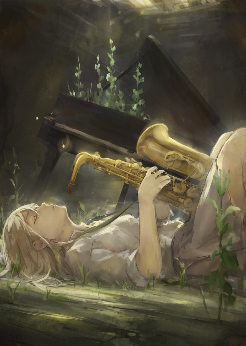 1girl blonde_hair closed_eyes grand_piano highres instrument lying on_back original overgrown piano profile saxophone short_hair solo tori_(qqqt)