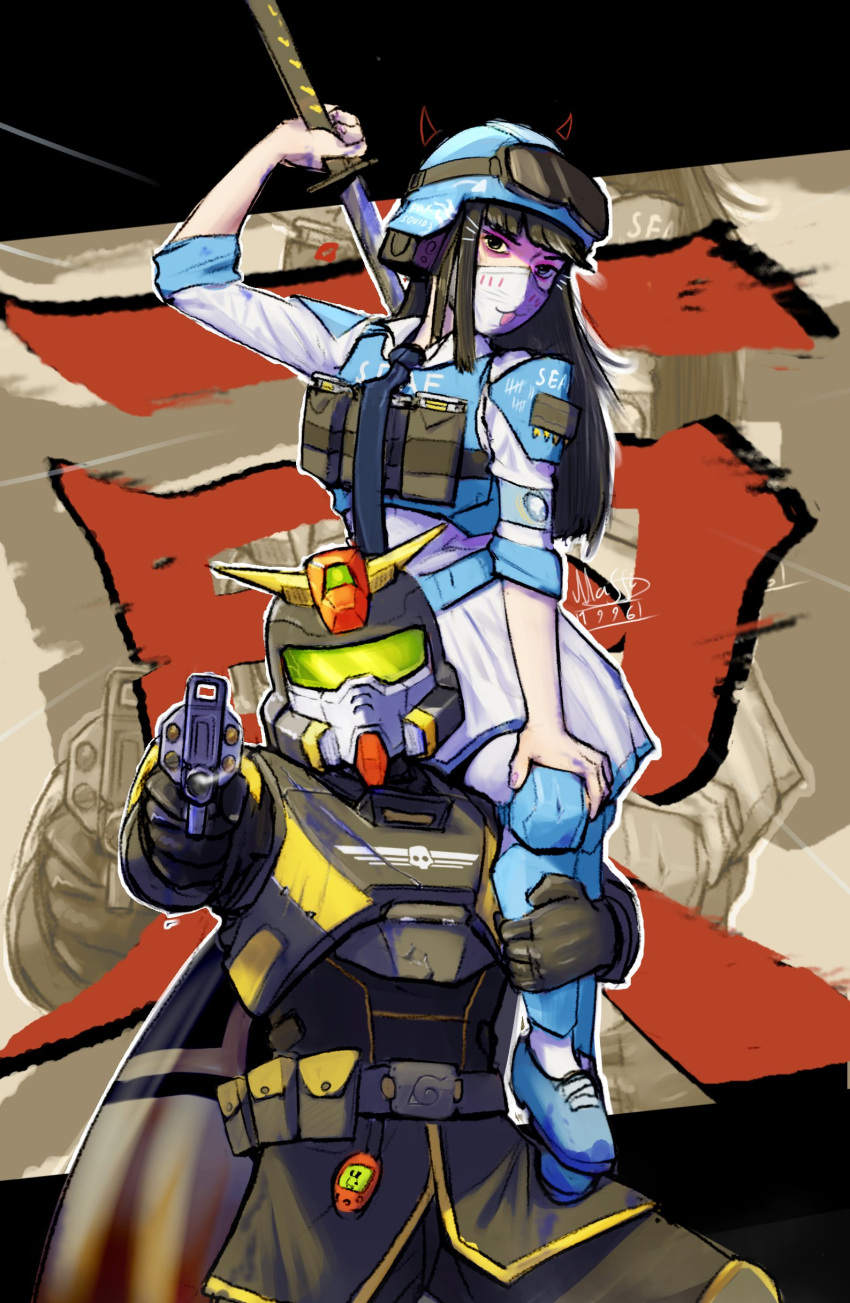 1girl 1other absurdres ambiguous_gender armor black_eyes black_hair blue_shoes blunt_bangs body_armor green_visor gun helldiver_(helldivers) helldivers_(series) helmet highres holding holding_gun holding_sword holding_weapon katana leg_armor long_hair looking_at_viewer maffi1996 mask mouth_mask seaf_soldier_(helldivers) shirt shoes sitting_on_shoulder sword weapon white_shirt
