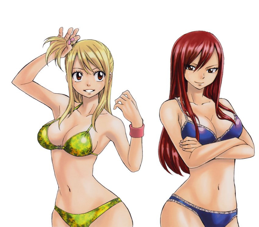 2girls absurdres arm_up bare_shoulders bikini blonde_hair blue_bikini breasts brown_eyes cleavage crossed_arms erza_scarlet fairy_tail green_bikini highres huge_filesize large_breasts long_hair lucy_heartfilia mashima_hiro multiple_girls navel one_side_up print_bikini redhead scan simple_background smile swimsuit wristband