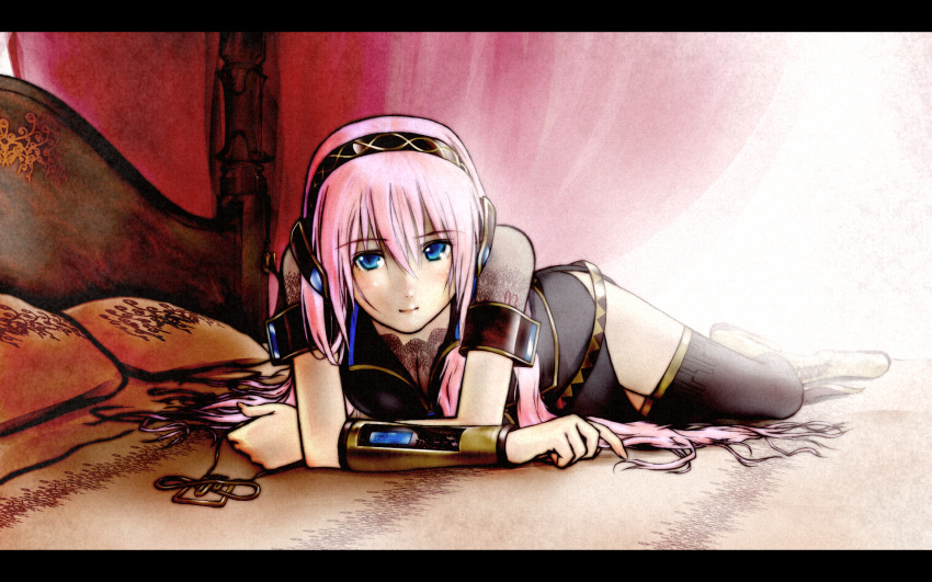 bed blue_eyes breasts cleavage come_hither eg. headphones highres long_hair lying megurine_luka on_stomach pillow pink_hair skirt smile solo thigh-highs thighhighs vocaloid wallpaper zettai_ryouiki