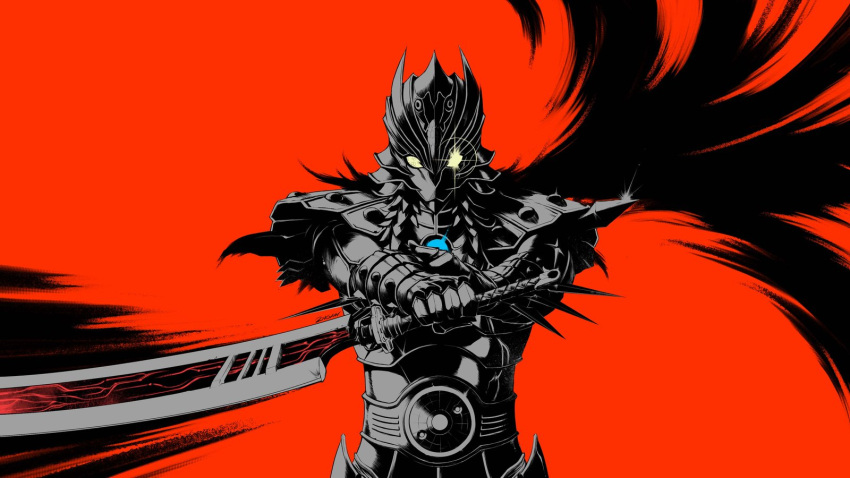 feathers full_armor helmet highres karas katana otoha_(karas) red_background sword weapon wings yellow_eyes