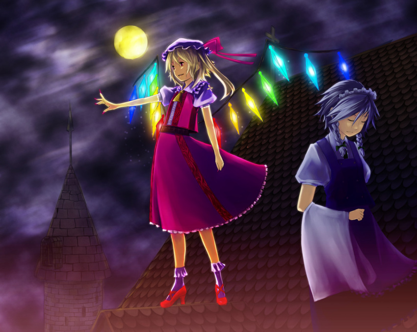 bad_id blonde_hair braid closed_eyes fingernails flandre_scarlet full_moon hat high_heels izayoi_sakuya long_fingernails maid moon multiple_girls nail_polish outstretched_arm ponytail red_eyes rooftop shoes short_hair side_ponytail silver_hair touhou tower twin_braids wings yellow_moon yui_7