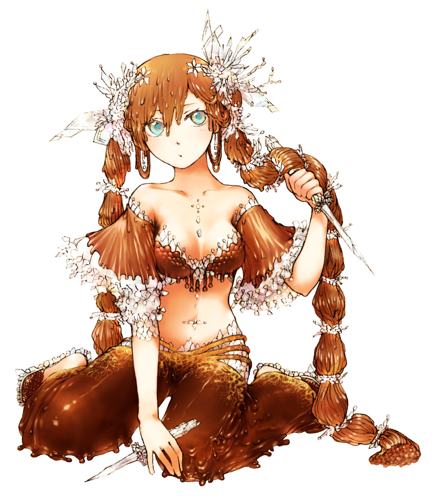 blue_eyes braid brown_hair chocolate food_as_clothes food_themed_clothes hands highres hitotsubashi_shin ichihashi_makoto knife monster_girl personification salt simple_background solo twin_braids twintails wet