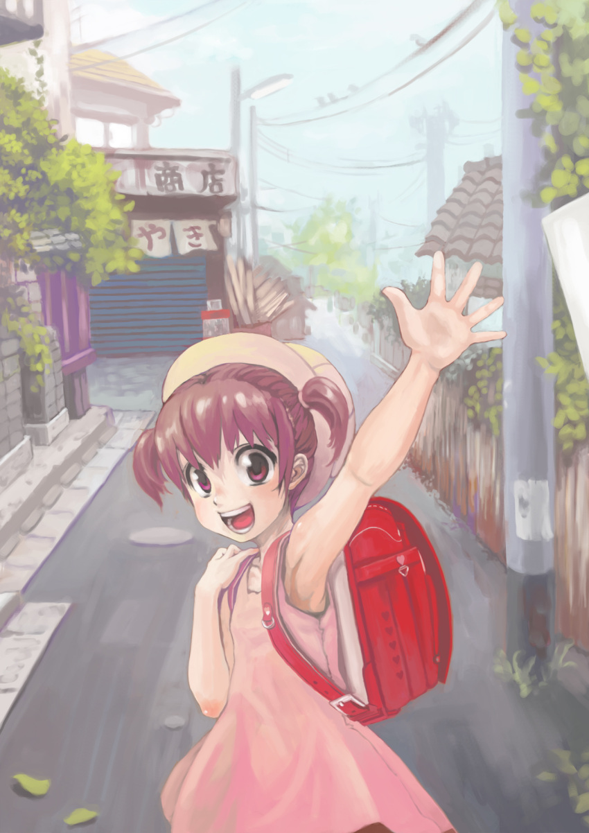 bag brown_hair city cityscape cloud clouds hat highres lights naao power_lines randoseru road scenery sign signs sky waving