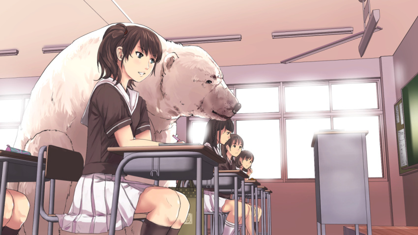 4girls blue_eyes brown_hair classroom desk long_hair multiple_girls munakata_(hisahige) original polar_bear school_uniform short_hair side_ponytail sitting skirt smile